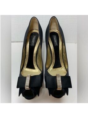 Dolce & Gabbana Black Satin Peep-Toe Pumps with Gold Lining and Crystal Bow